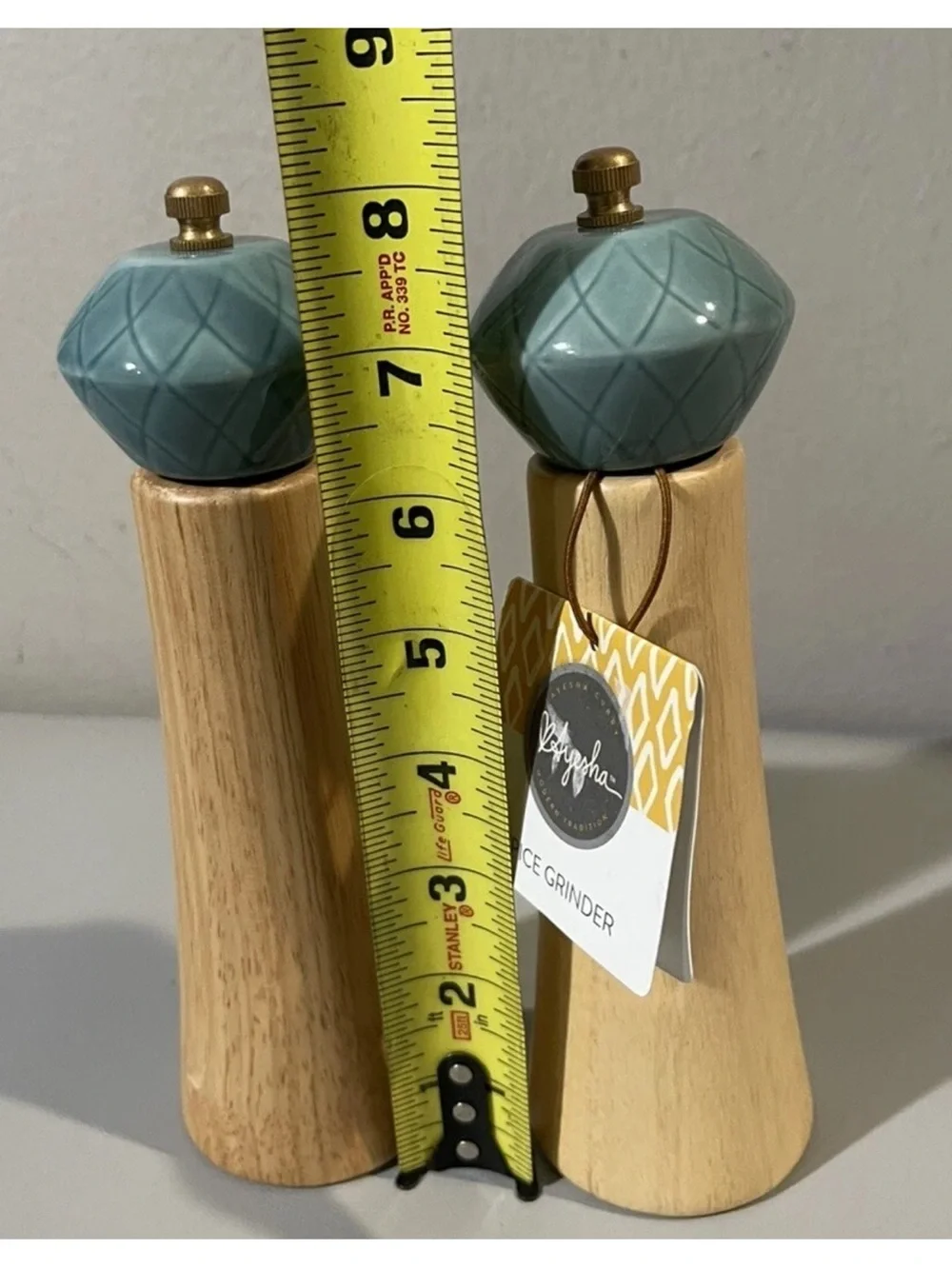 Ceramic-Top Salt and Pepper Mills in Teal and Natural Wood Open Box
